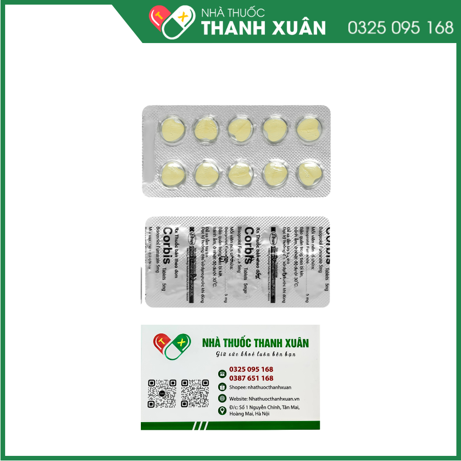 Corbis Tablets 5mg trị tăng huyết áp, đau thắt ngực (2 vỉ x 10 viên)